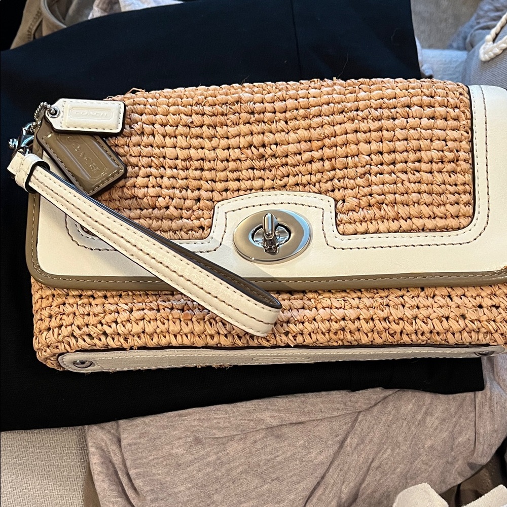 Coach Straw Convertible Wristlet Clutch in Natural and Cream Leather